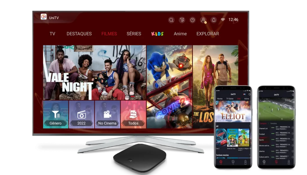 Previa do aplicativo UniTV em televisao, TV Box e celulares